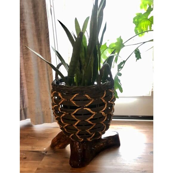 Vintage 1960’s Sculptural Burl Wood Live Edge Biomorphic Lacquered Plant Stand - Picture 1 of 12